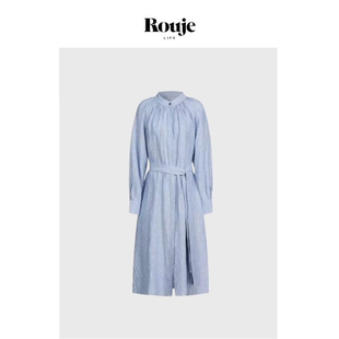 【现货】Rouje Life宽松慵懒风棉麻中长款蓝色条纹修身衬衫连衣裙