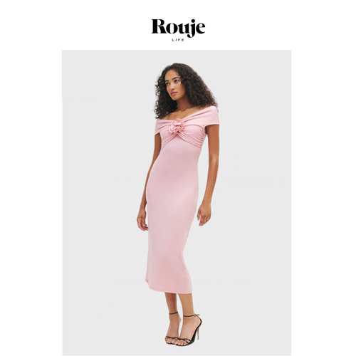 【现货】Rouje Life纯色一字领露肩中长款针织连衣裙修身性感法式