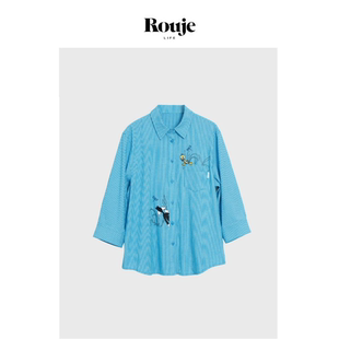 蓝色格子卡通刺绣衬衫 Life宋祖儿同款 Rouje 宽松百搭上衣 现货