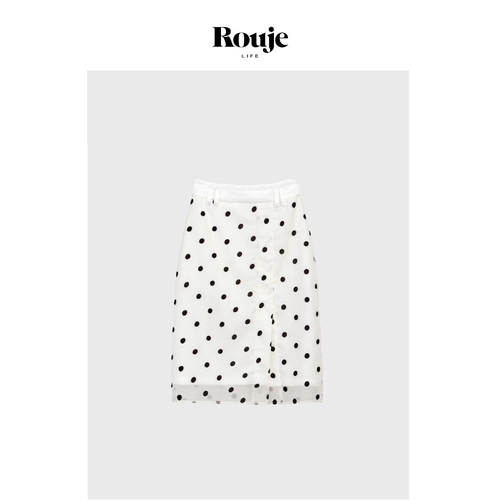 【现货】Rouje Life欧根纱植绒波点百搭修身减龄米白色半身裙女夏