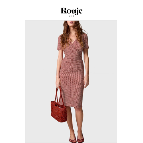 【现货】Rouje Life夏季新款碎花印花V领短袖连衣裙 褶皱茶歇裙女