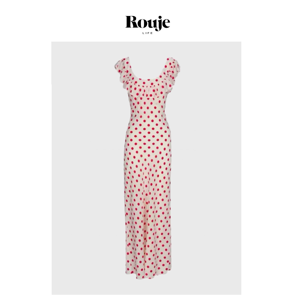 【现货】Rouje Life连衣裙易梦玲同款红色波点荷叶边一字领度假裙