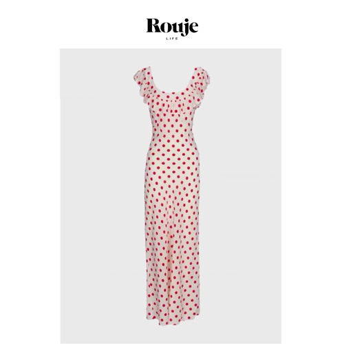 【现货】Rouje Life连衣裙易梦玲同款红色波点荷叶边一字领度假裙