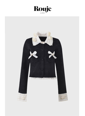 【现货】Rouje Life欧根纱拼接蝴蝶结刺绣气质针织开衫上衣短外套