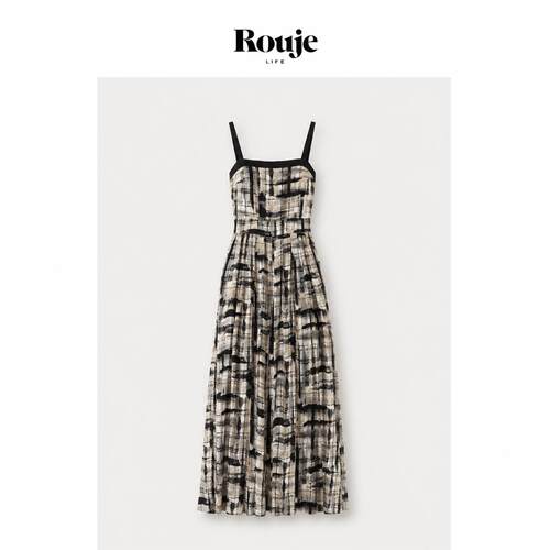 【现货】Rouje Life夏季新品黑色缎面拼水墨天丝吊带裙裤连衣裙女