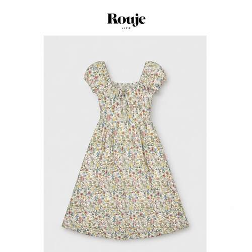 【现货】Rouje Life高支有机棉法式碎花小飞袖收腰连衣裙韩系通勤