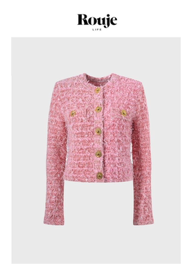 【现货】Rouje Life法式小香风名媛金属扣粗花呢圆领短款外套上衣
