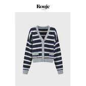 现货 Rouje Life甜美减龄V领编织条纹撞色针织开衫 修身 短上衣