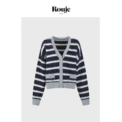 【现货】Rouje Life甜美减龄V领编织条纹撞色针织开衫修身短上衣