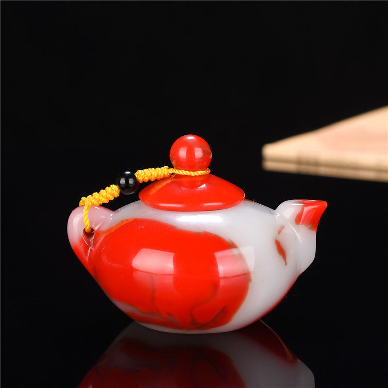 新款新疆和田玉鸡血飘花玉把件茶壶 把把壶手玩件 玉石茶壶手玩件
