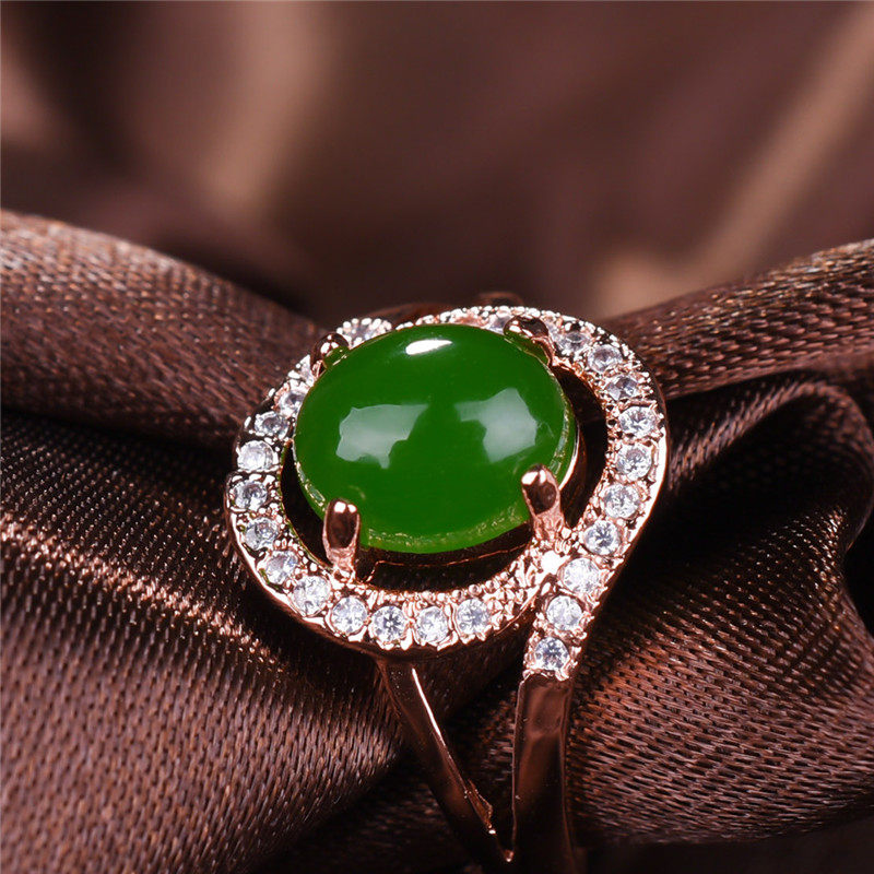 天然和田玉碧玉18K玫瑰金镶钻戒指K金金镶玉戒指简单女戒指环戒面