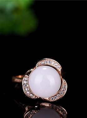 羊脂级女款925银18K玫瑰金镶嵌新疆和田白玉戒指环复古活口
