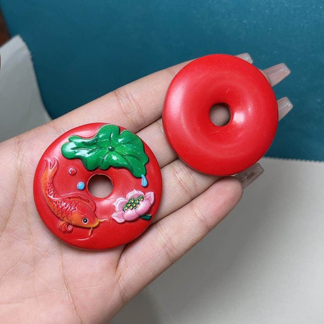 彩色百搭材料掐丝铜胎可爱保真朱砂电脑雕刻图荷花鲤鱼平安扣diy