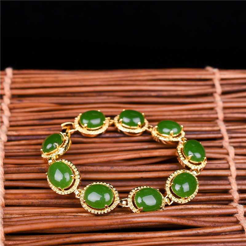 天然和田碧玉手链18k金镶嵌玉石女款手链金镶玉女士手环玉手串