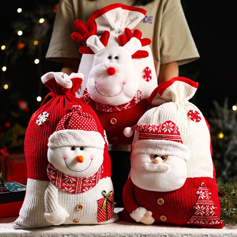 新款圣诞节礼品袋创意针织卡通圣诞老人礼物袋平安夜苹果袋糖果袋