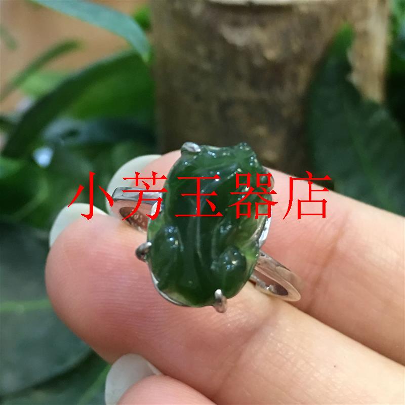 和田玉碧玉镶嵌银饰女款指环冰种阳绿貔貅戒指招财旺夫个性款手饰