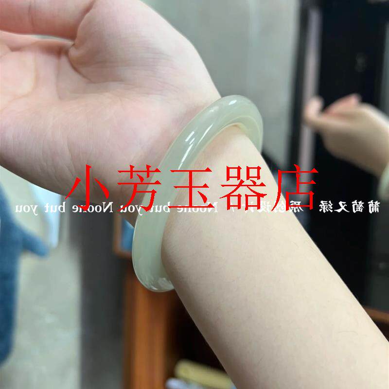 新疆和田玉青白玉镯冰种手镯青玉晴水翡翠色细圆条玉手镯清新女款