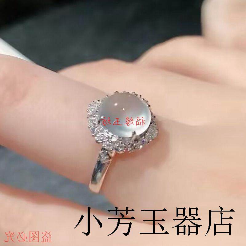 精选缅甸翡翠色戒指白冰种戒面裸石镶嵌玻璃种蛋面戒指高级轻奢款