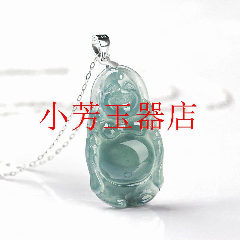 高品质翡翠蓝水佛公站佛冰种玉石吊坠银饰镶嵌女款玉坠饰品送礼品