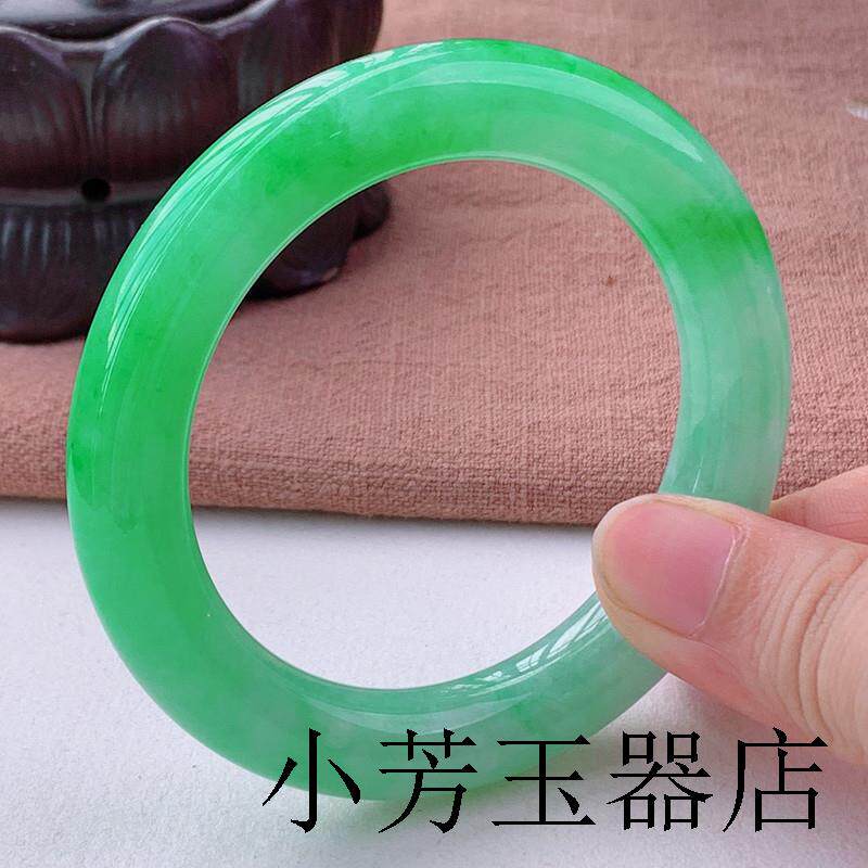 缅甸翡翠手镯老坑冰糯种飘花正阳绿帝王绿粗细圆条玉石玉镯送礼品