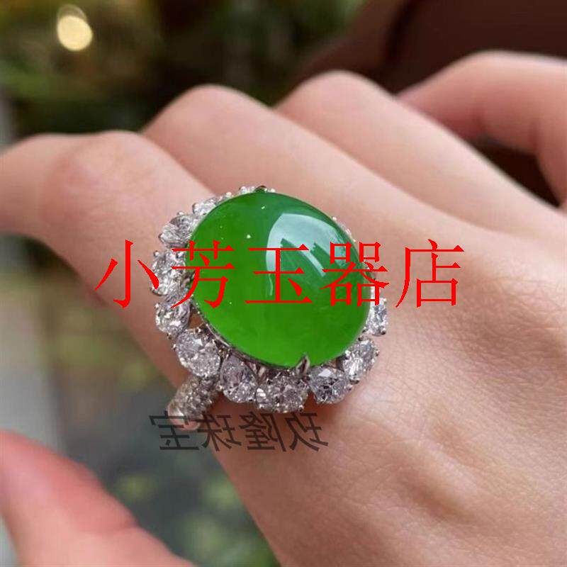 缅甸冰种帝王绿翡翠色大蛋面戒指银镶嵌冰透水润满绿裸石戒指高级