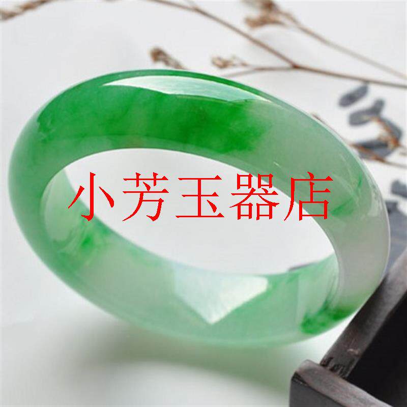冰糯种正阳绿飘花翡翠色宽条玉镯