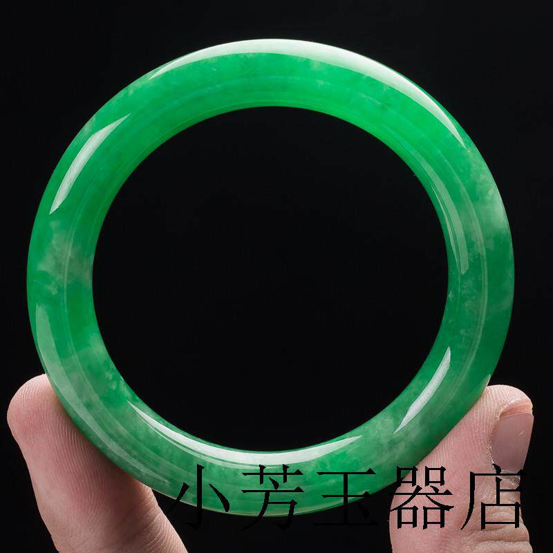 缅甸老坑料帝王绿祖母绿翡翠色冰糯种满绿生日男女款送礼圆条手镯
