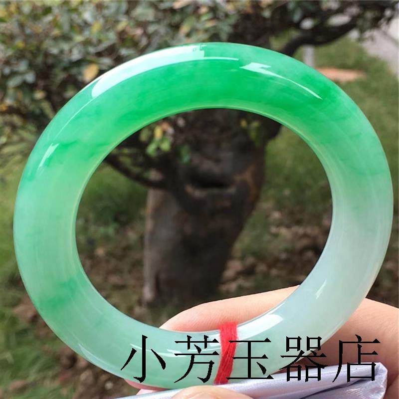 缅甸老坑冰种阳绿翡翠色手镯帝王绿圆宽版玉镯飘花圆条玉镯子女款