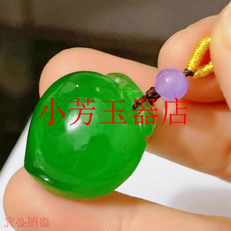 缅甸翡翠色冰种帝王绿桃子吊坠阳绿翠色玉项链田园绿挂件男女同款