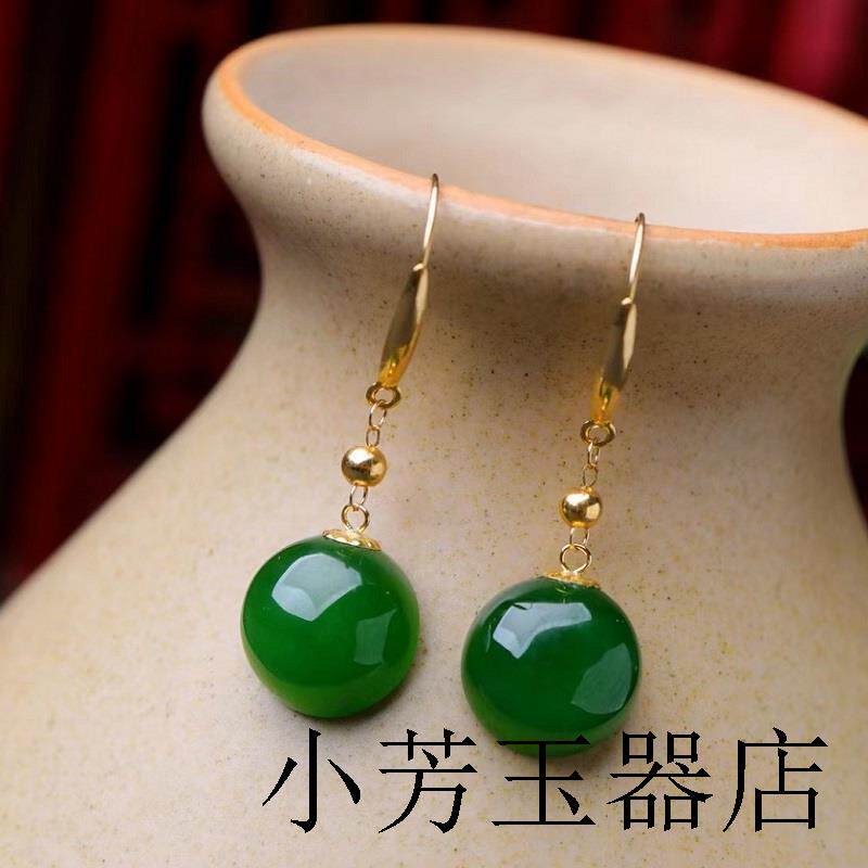 精品和田玉碧玉蛋面耳坠金镶嵌耳饰女款玉石老料菠菜绿耳环送礼