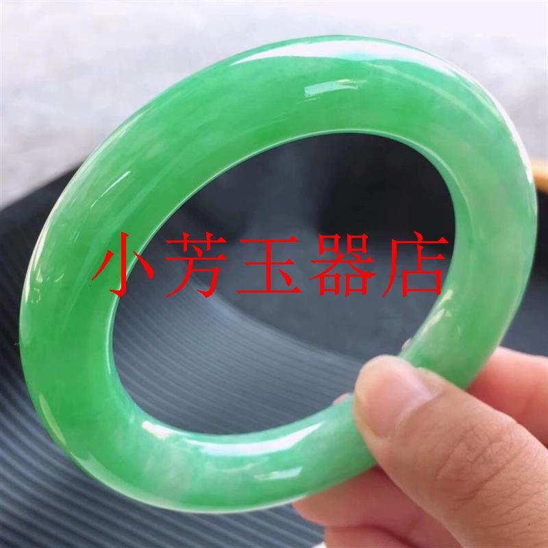 缅甸老坑阳绿翡翠色手镯冰糯种满色果绿玉镯子正圈胖圆条玉石镯子