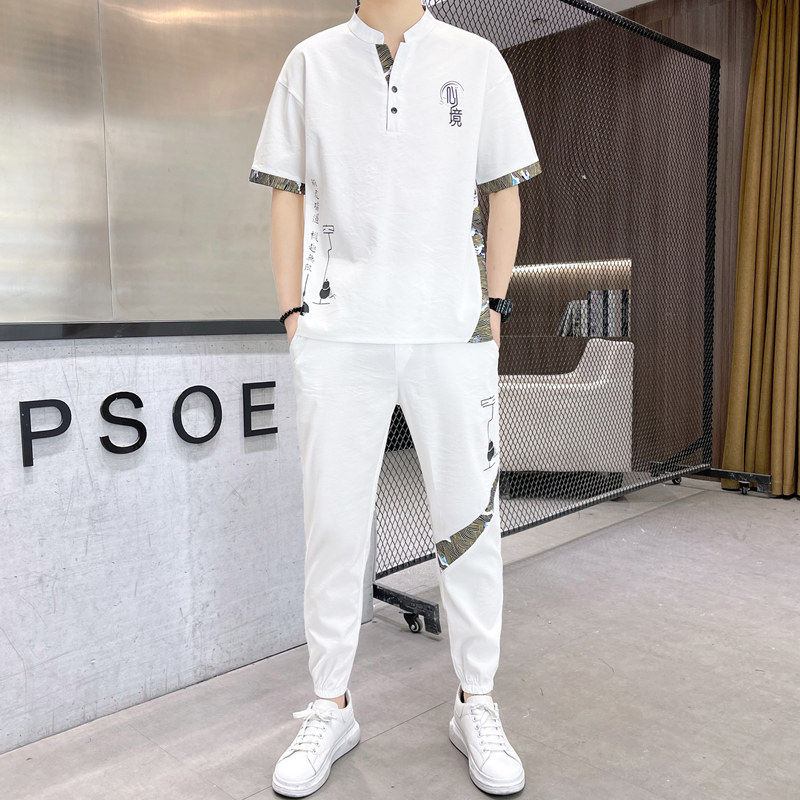 中国风套装男新款夏天休闲运动套装短袖+九分裤男装两件套