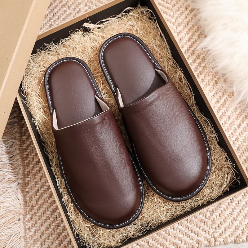 春秋季定制logo防滑软底皮拖鞋