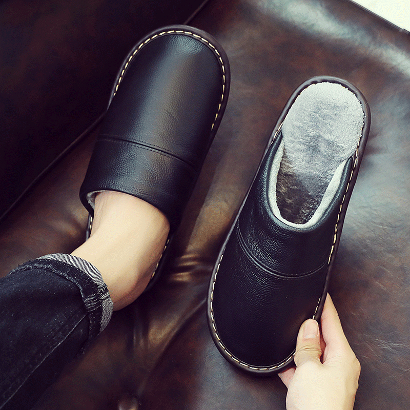 全牛皮软底防滑加厚保暖棉拖鞋