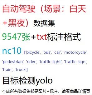 目标检测数据集YOLO自动驾驶场景 白天+黑夜9547张txt格式nc10