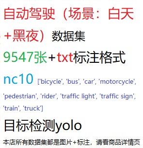 目标检测数据集YOLO自动驾驶场景白天+黑夜9547张txt格式nc10-封面