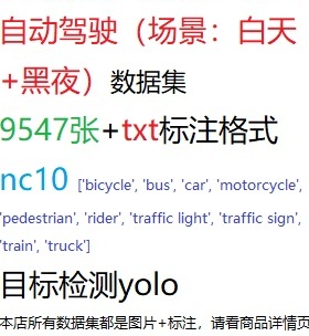 目标检测数据集YOLO自动驾驶场景 白天+黑夜9547张txt格式nc10
