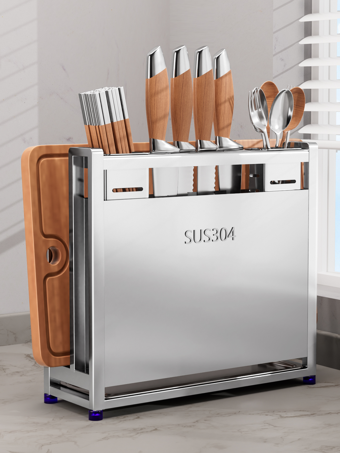 厨伴304不锈钢厨房刀架置物架台面菜板架菜刀筷笼一体刀具收纳架