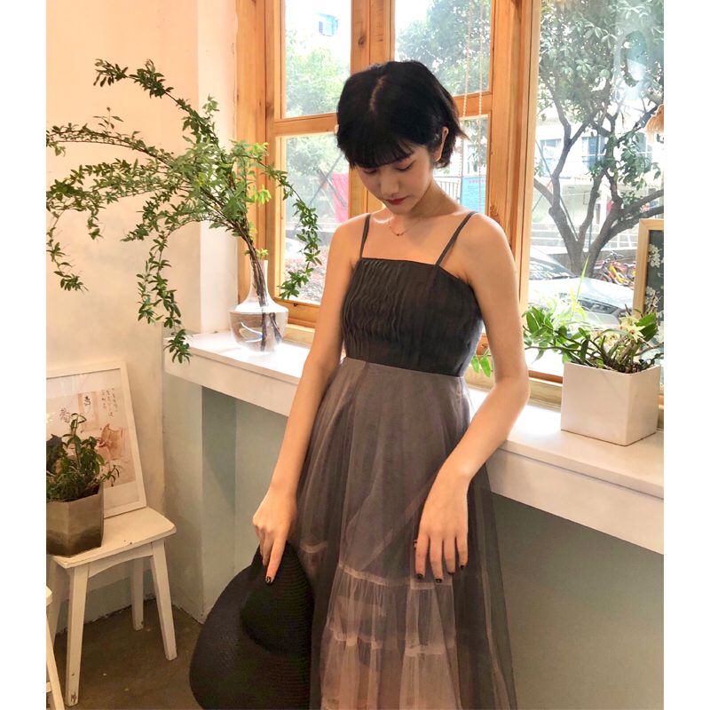 一字领露肩连衣裙夏性感网纱2021新款女装很仙的大摆雪纺吊带裙子