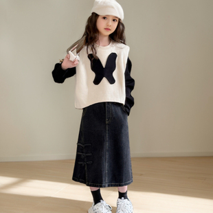 女童套装2024秋季新款儿童假两件上衣春秋装大童牛仔半身裙春秋款