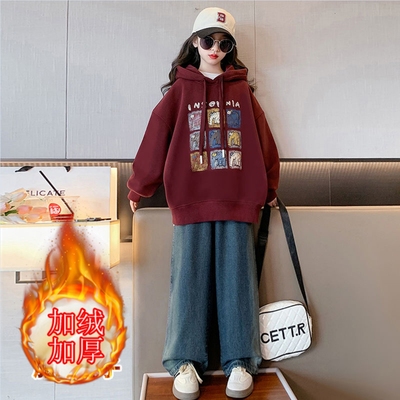 中大童装一体绒加厚连帽套头上衣