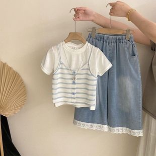 女童条纹假两件短袖2025夏季韩版新款花边阔腿休闲牛仔裤两件套潮