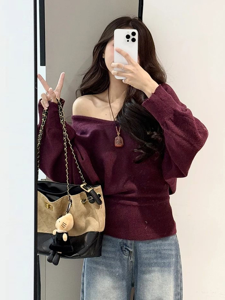 Plus Size Korean Style Lazy V-Neck Batwing Sleeve Knit Sweater for Women, Autumn and Winter, Tie Waist, Slimming Sweater Top