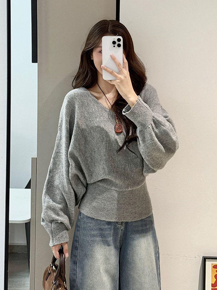 Plus Size Korean Style Lazy V-Neck Batwing Sleeve Knit Sweater for Women, Autumn and Winter, Tie Waist, Slimming Sweater Top
