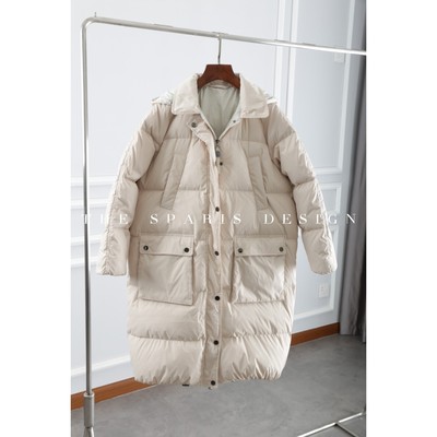 老钱风超蓬松长款翻领帽子可拆卸绗缝大口袋90白鹅绒保暖羽绒服