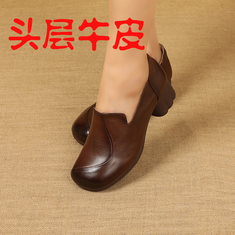 头层牛皮复古中高跟单鞋