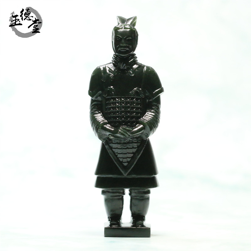 玉德堂天然玉石新疆和田玉黑青玉苏工兵马俑将军俑手把件摆件塔青