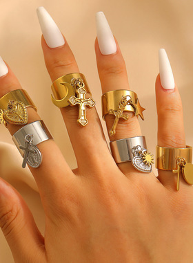 Stainless steel ring with Cross Love Madonna Pendant