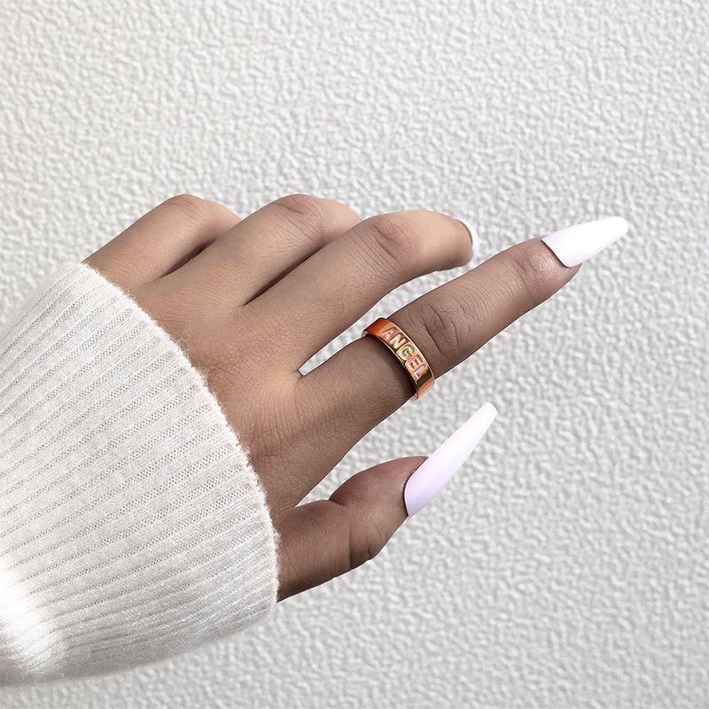 Simple cute ins wind color drops oil alphabets ANGEL ring