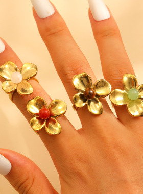 Exquisite design open ring with flowers and natural stone女